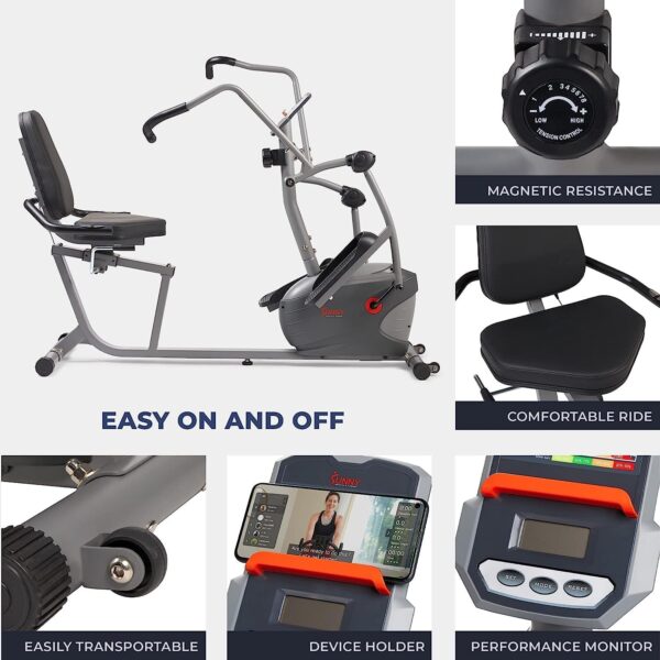 Sunny Health & Fitness Compact Performance Recumbent Bike w/Dual Motion Arm/Leg Exercisers for Senior Home Training w/Quick Adjust Seat & Optional Exclusive Free SunnyFit App Bluetooth Connectivity - Image 6