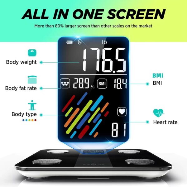 Runstar Smart Scale for Body Weight and Fat Percentage, High Accuracy Digital Bathroom Scale with Large Display for BMI Heart Rate 15 Body Composition Analyzer Sync with Fitness App 400lb - Image 3