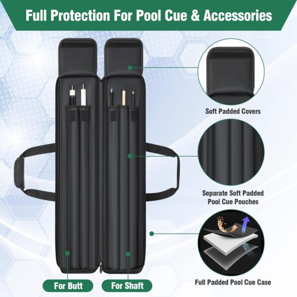 Pool Cue Case Soft Padded, Pool Stick Bag Pool Cue Soft Case with Multi-pocket for Pool Cue & Accessories, Pool Stick Case Cue Carrying Travel Bag with Shoulder Straps & Handle - Image 3