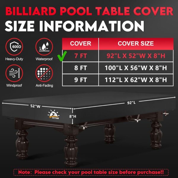 Pool Table Cover - 7 Feet Billiard Table Cover, 600D Waterproof & Heavy Duty Covers for Billiard Pool Table, Scratch-Proof UV Protection Snooker Furniture Table Cover - 7 Feet - Image 3