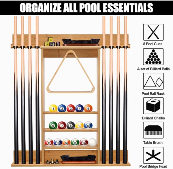 Pool Cue Rack, Bamboo Pool Sticks Holder Wall Mount, Holds 8 Cues and Full Set of Balls, Pool Table Accessories Organizer for Billiard Room or Club - Image 3