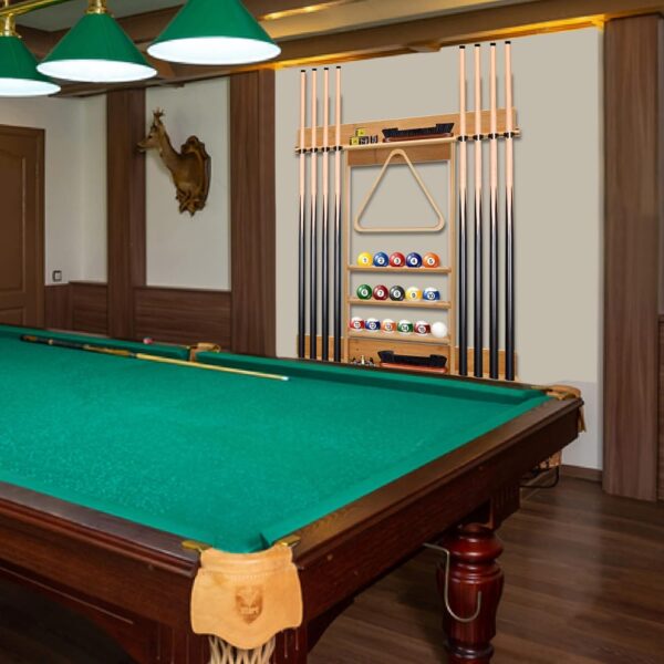 Pool Cue Rack, Bamboo Pool Sticks Holder Wall Mount, Holds 8 Cues and Full Set of Balls, Pool Table Accessories Organizer for Billiard Room or Club - Image 9