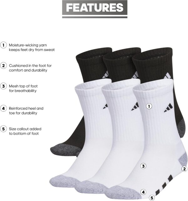 adidas Youth Athletic Cushioned 6-Pack Crew, Kid's Crew Socks for Sports, Durable & Breathable - Image 3