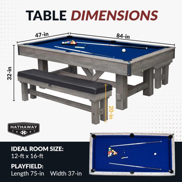 Hathaway Logan 7-ft Pool Table Combo Set with Benches - Rustic Gray with Blue Felt, Barnwood - Image 3