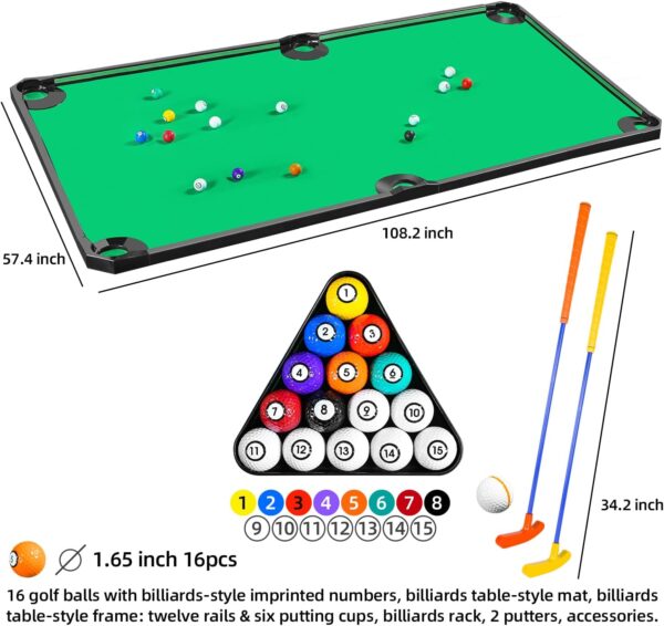 Golf Game -Combining Mini Pool Table & Golf - World’s Largest Putting Green Indoor，Putting Mat 108.2" L x 57.4" W，Golf Pool Indoor Family Game - Image 4