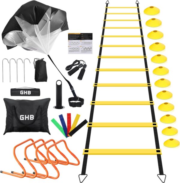 GHB Agility Ladder,Football Training Equipment Set,4 Agility Hurdles, 20 feet12 Rungs Speed Ladder,12 Disc Cones,Resistance Parachute, Jump Rope, 4 Resistance Bands - Image 10