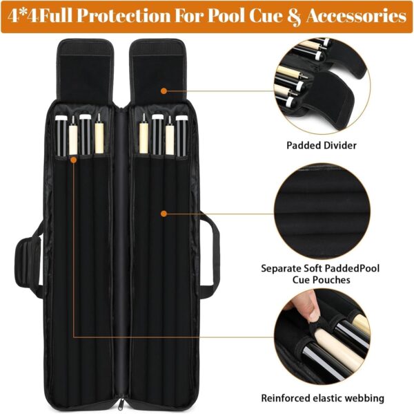 Pool Cue Case 4x4, Pool Stick Case Cue Bag with Hidden Backpack-Strap, Cue Stick Case Holds 4 Butts and 4 Shafts, Billiard Pool Cue Carrying Case with Large Front Accessory Pockets - Image 3