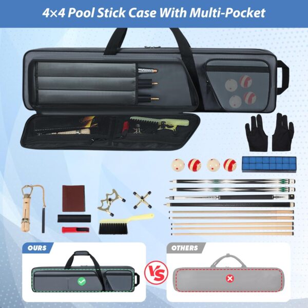 4x4 Pool Stick Bag, Soft Thicken Flannel Pool Cue Bag with Multi-Pocket for 4 Butts and 4 Shafts, Billiard Cue Carrying Bag with Shoulder Straps and Handle, Pool Bag with Front Accessories Pocket - Image 4