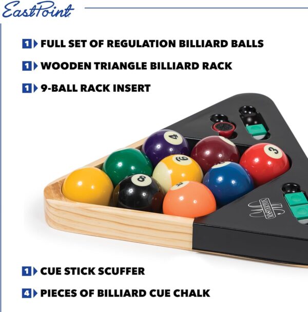 EastPoint Sports Masterton Billiard Ball Set - Full Set Tournament Spec Resin Billiard Balls - Wooden 8-Ball Rack with 9 Ball Insert - Includes Chalk and Scuffer - Image 3