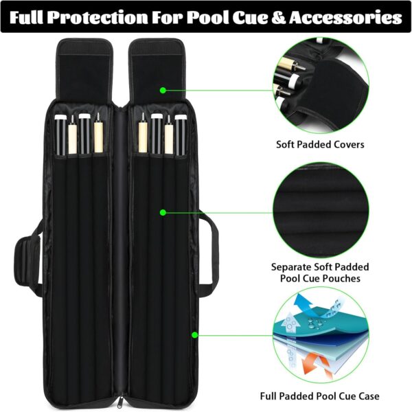 Pool Cue Case - 4x4 Padded Pool Cue Bag - Holds 4 Butts and 4 Shafts, Multiple Accessory Pockets - Image 3