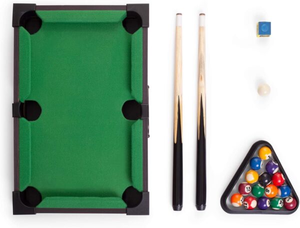 Tabletop Pool, Mini Pool Table & Billiard Set | Small Billiards Game with 16 Resin Balls, 2 Pool Cues, Triangle Rack, & Chalk | Travel-Friendly & Office Desk Games, Bartop, or Home Use & Easy Storage - Image 6