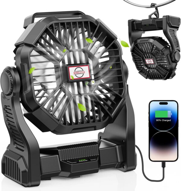 Camping Fan with LED Lantern, 10400mAh Portable Rechargeable Battery Powered Table Fan with Hook, Camping Gear for Picnic, Fishing, Car or Hurricane Power Outages (Black) - Image 2