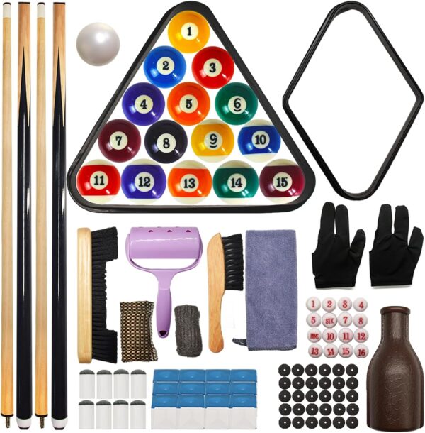 95pcs Pool Table Accessories Pool Set,Pool Balls Billiard Set with Triangle and Diamond Ball Rack,Pool Cue,Cue Chalk, Pool Cue Tip,Table Stickers,Cue Cloth,Pool Table Brush Set, Pool Cue Cleaner Set - Image 2