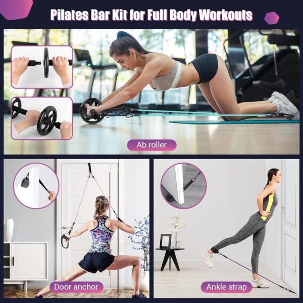 Pilates Bar Kit with Resistance Bands, Multifunctinal Exercise Bar with Ab Roller for Pilates/Abs/Weight Loss, Portable Home Gym Pilates bar kit for Full Body Training Women - Image 7