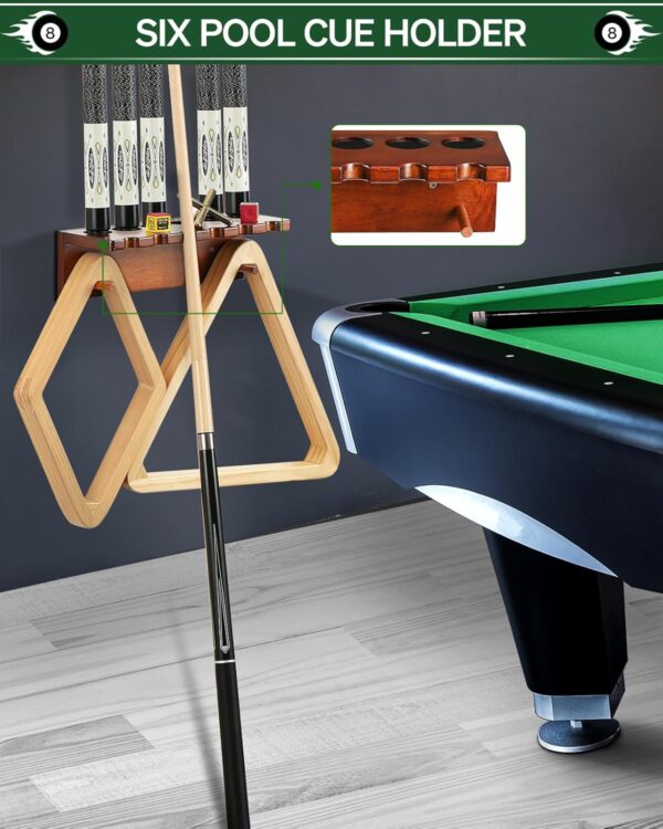 Pool Cue Rack Stick Holder - Wall Mount Billiards Pool Cue Rack Oak Solid Hardwood Pool Cue Set Holder for 6 Cues Sticks Storage Pool Table Accessories Equipment Organizer - Image 6