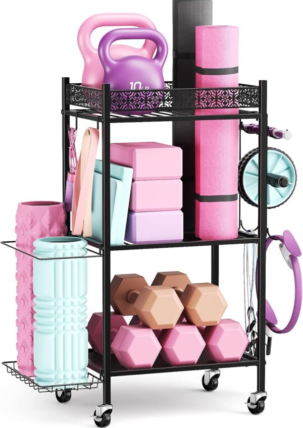 Yoga Mat Storage Rack, Home Gym Storage Rack Yoga Mat Holder, VOPEAK Workout Storage for Yoga Mat, Foam Roller, Gym Organizer Gym Equipment Storage for Home Exercise and Fitness Gear - Image 2