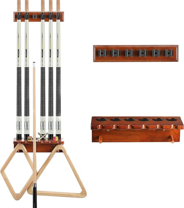 Pool Cue Rack Stick Holder - Wall Mount Billiards Pool Cue Rack Oak Solid Hardwood Pool Cue Set Holder for 6 Cues Sticks Storage Pool Table Accessories Equipment Organizer - Image 2