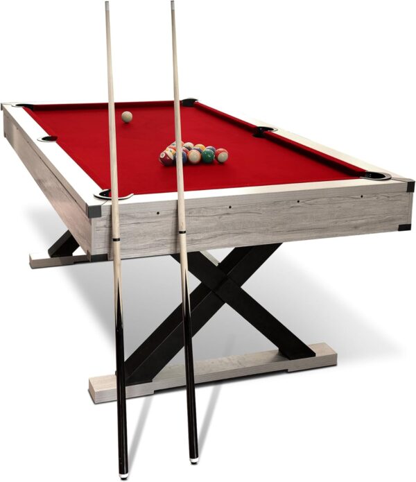 7 FT Pool Table, Billiard Table with 2 Cue Sticks, Billiard Balls, Cues, Cleaning Brush, X-Legs, Black Cloth, Rustic Grey, 84" L x 46.5" W x 32.7" H - Image 2