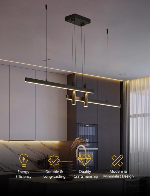 Modern Black Linear Pendant Lights Kitchen Island Lighting Minimalist Led Chandeliers Pool Table Light Dimmable Ceiling Hanging Light Fixture Dining Room with Remote Control (47in) - Image 4