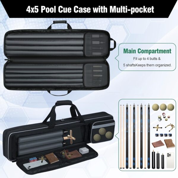 Pool Cue Case 4x5, Pool Cue Carrying Case Soft Padded Billiard Stick Bag with Multi-pocket for 4 Butts and 5 Shafts, Pool Stick Case Cue Bag with Backpack-straps for Pool Cues and Accessories - Image 4