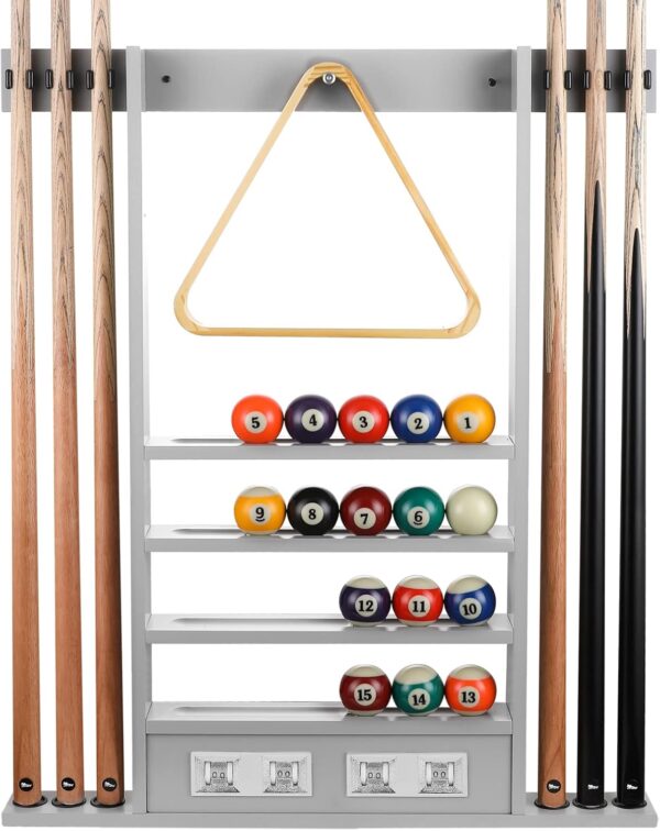 2-IN-1 Pool Cue Rack & Score Counter, Holds 6 Pool Sticks, Full Set of Balls & Accessories, Solid Rubber Wood, Wall Mount, Gray - Image 2