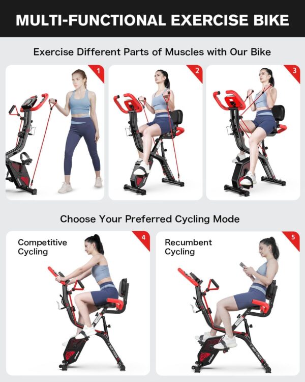 pooboo Folding Exercise Bike, Foldable Fitness Stationary Bike Machine, Upright Indoor Cycling Bike, Magnetic X-Bike with 8-Level Adjustable Resistance, Bottle Holder & Back Support Cushion for Home Gym Workout - Image 4