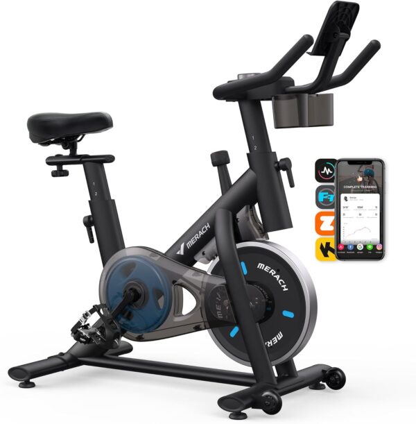 MERACH Exercise Bike, Brake Pad Stationary Bike with Exclusive App, Low Noise Indoor Cycling Bike with 300lbs Weight Capacity, Tablet Mount and Fitness Courses for Weight Loss - Image 2