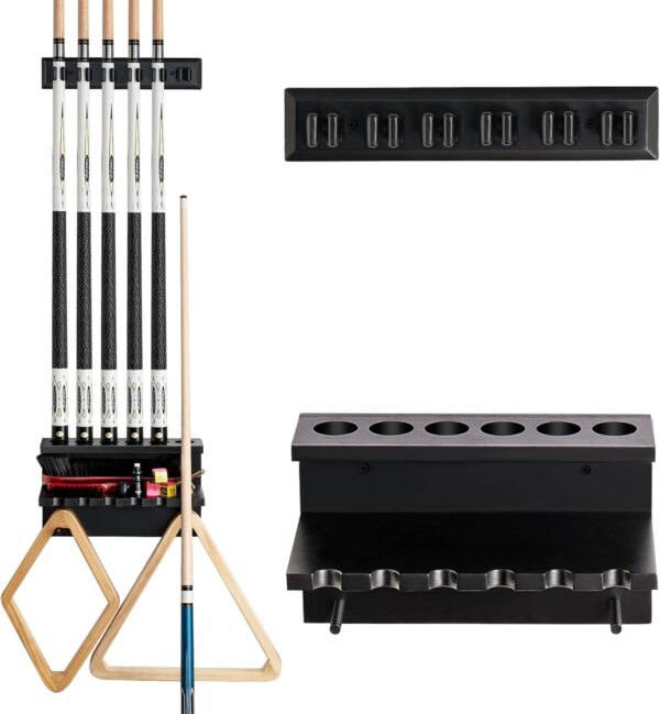 Wall Mount Pool Stick Holder - Billiards Pool Cue Rack Hardwood Pool Cue Set Holder for 6 Cues Sticks Storage Pool Table Accessories Equipment Organizer - Image 2