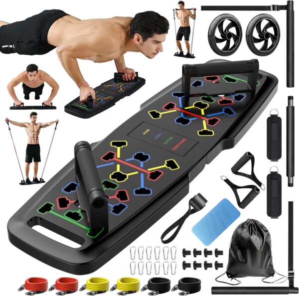 Push Up Board,Home Gym,Portable Exercise Equipment,Pilates Bar and 20 Fitness Accessories with Resistance Bands and Ab Roller Wheel,Full Body Workout at Home - Image 2