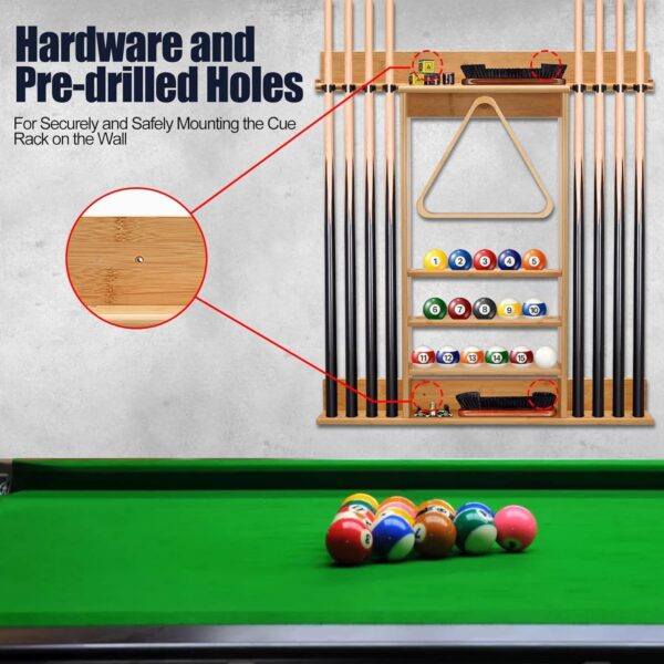 Pool Cue Rack, Bamboo Pool Sticks Holder Wall Mount, Holds 8 Cues and Full Set of Balls, Pool Table Accessories Organizer for Billiard Room or Club - Image 7