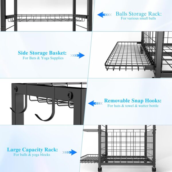 Sports Equipment Garage Organizer,Garage Ball Storage Rack for Sports with Wheels-Upgraded 3 Layers Garage Sports Organizer Rack Outdoor Basketball Racks for Balls with Holder and Hooks - Image 5