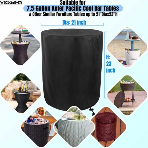 Waterproof Cover for Keter Pacific Cool Bar Outdoor Patio Furniture and Hot Tub Side Table with 7.5 Gallon Beer and Wine Cooler, Outdoor Round Pool Side End Table Cover (21” Dia x 23” H) - Image 3