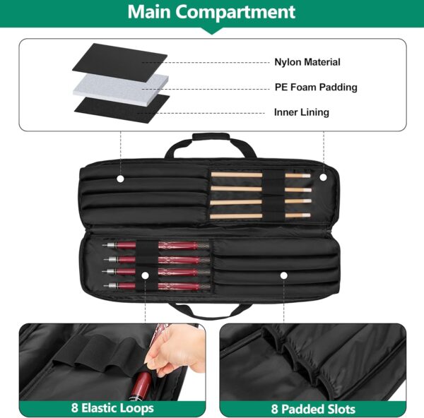 Pool Cue Case Bag Holds 4 Butts and 4 Shafts, 4x4 Pool Cue Bag Backpack with Concealable Shoulder Straps, Billiard Pool Cue Stick Carrying Case Bag with Accessory Pockets - Image 3