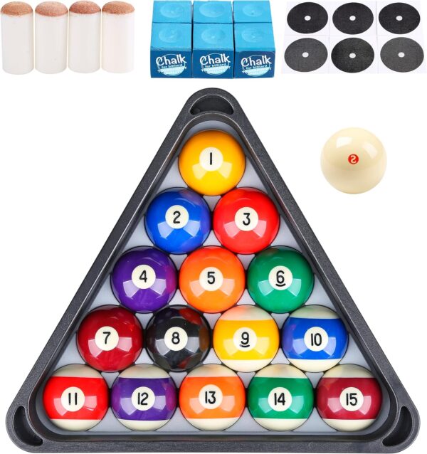 Billiard Pool Balls with Triangle Ball Rack, Cue Chalks, Table Spot Stickers & Tip Replacements - Pool Table Accessories - Image 2