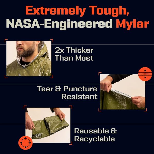 PREPARED4X Emergency Poncho with Mylar Blanket Liner – Heavy Duty, Waterproof, Wind-Resistant Green Rain Poncho for Outdoors, Camping, and Car Emergency Kits - Thermal Poncho - Image 7