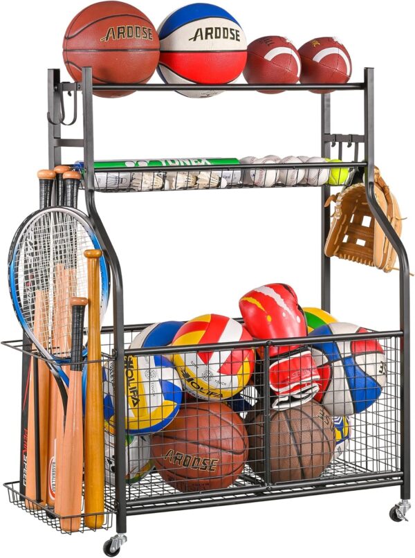 Mythinglogic Sports Equipment Garage Organizer,Garage Ball Storage for Sports Gear and Toys, Rolling Ball Cart with Wheels for Indoor/Outdoor Use - Image 2