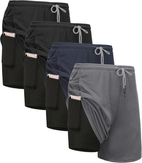 1/3/4 Pack Mens 2 in 1 Running Workout Shorts with Liner,Gym Athletic Quick Dry Sport Shorts with Pockets - Image 2