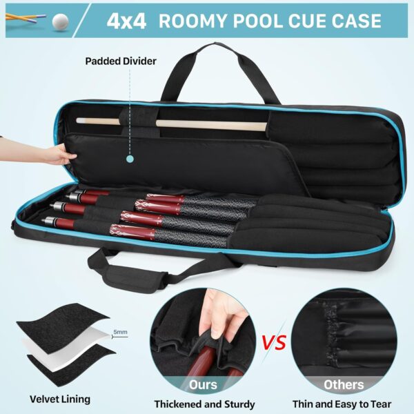 4x4 Pool Cue Case Hold Up to 4 Butts and 4 Shafts, Pool Stick Carrying Case with Front Accessories Pockets, Billiard Cue Cases with Shoulder Straps - Image 4