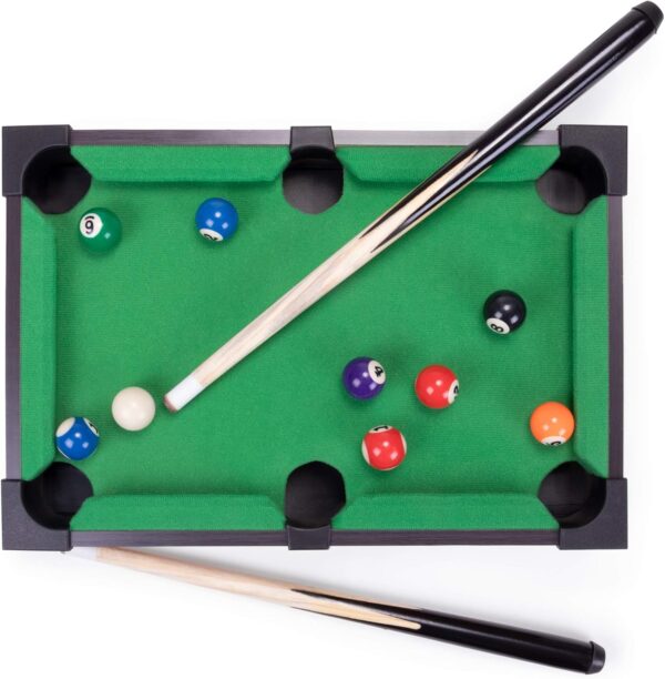 Tabletop Pool, Mini Pool Table & Billiard Set | Small Billiards Game with 16 Resin Balls, 2 Pool Cues, Triangle Rack, & Chalk | Travel-Friendly & Office Desk Games, Bartop, or Home Use & Easy Storage - Image 3