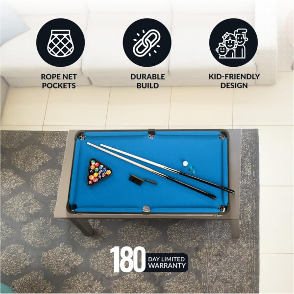 Hathaway Breakout 40-in Tabletop Pool Table - Blue Portable Pool Table Topper with Cue Sticks, Pool Table Balls Set, Triangle, Cue Stick Chalk, & Billiards Table Brush - Dining & Game Table Compatible - Image 5