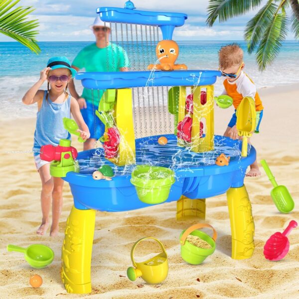 VATOS 3 Tier Sand Water Table with Table Cover, Kids Splash Sand Table Water Toys for Aged 3 4 5 6 7 8 9, Summer Water Activity Table Beach Backyard Garden Outdoor Toy for Toddler Kids, Medium - Image 7