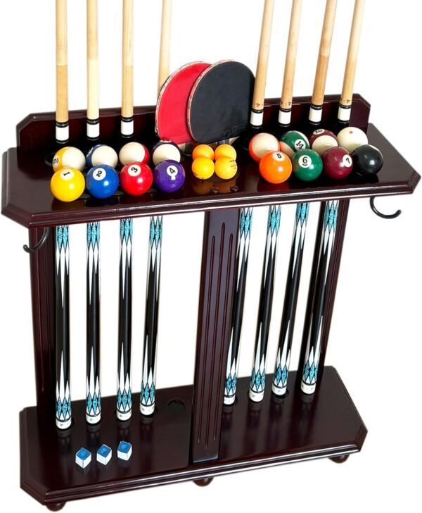 Wooden Billiard Cue Rack Hold up to 10 Pool Cue Sticks, Pool Cue Stick Holder, Floor Stand Pool Cue Holder for Billiard Game Room (Mahogany) - Image 2