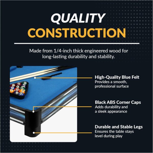 Hathaway Breakout 40-in Tabletop Pool Table - Blue Portable Pool Table Topper with Cue Sticks, Pool Table Balls Set, Triangle, Cue Stick Chalk, & Billiards Table Brush - Dining & Game Table Compatible - Image 4