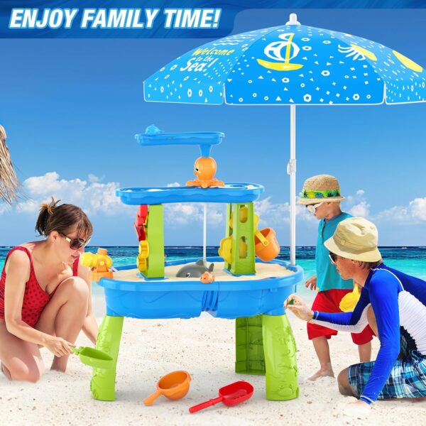 Water Table for Toddlers 3-5 with Umbrella/Water Pumb/Water Table Cover, 3-Tier Kids Sand Water Table, Rain Showers Splash Pond for Outdoor Beach, Activity Sensory Play Table for Boys Girls - Image 8