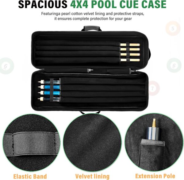 4x4 Pool Cue Case, Soft Padded Pool Stick Case with Adjustable Shoulder Straps, Includes 2 Large Accessories Pockets - Image 6