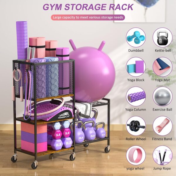 5 Tier Dumbbell Rack, Yoga Mat Storage Rack, Home Gym Storage Rack, Workout Equipment Storage Organizer, Weight Storage Holder Rack with Hooks and Wheels - Image 5