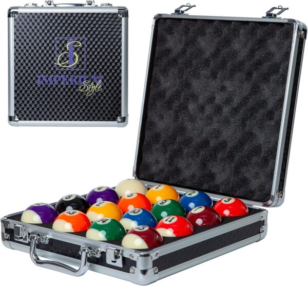 Pool Balls Billiard Set - Regulation Size - 17 Pc Professional Pool Set w/Cue Ball and Sleek Black and Silver Case - Multi Colored - Ball Size 2.25" 57.15mm - Image 4