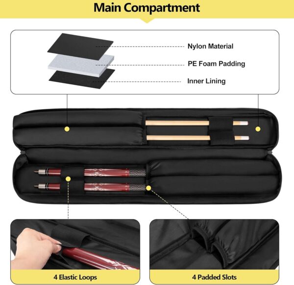 2x2 Pool Cue Case Holds 2 Butts and 2 Shafts, Billiard Pool Cue Stick Carrying Case Bag with Handle and Detachable Shoulder Strap, Soft Padded Pool Cue Bag with Front Accessory Pocket, Black - Image 3