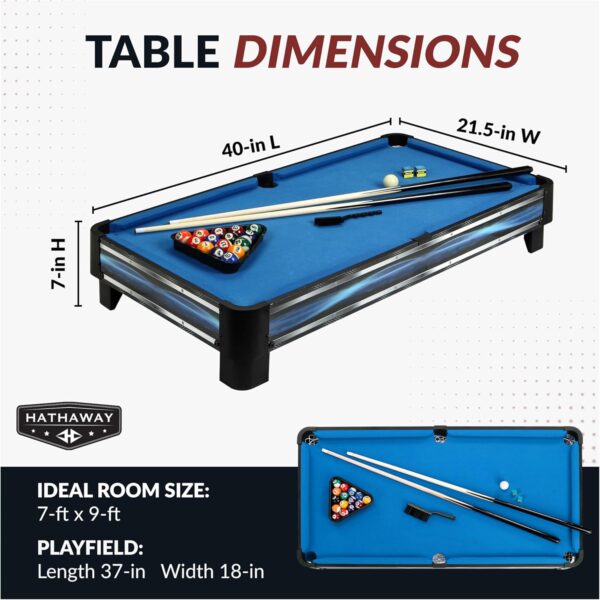 Hathaway Breakout 40-in Tabletop Pool Table - Blue Portable Pool Table Topper with Cue Sticks, Pool Table Balls Set, Triangle, Cue Stick Chalk, & Billiards Table Brush - Dining & Game Table Compatible - Image 3