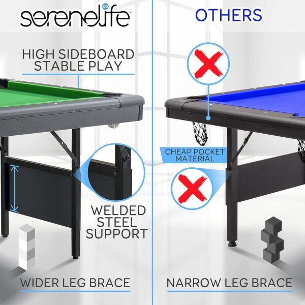 SereneLife 6-Ft Folding Pool Table - Best in Stability - Steel Frame, Fully Supported Slate, Welded Leg Supports with Safety Anti Collapse Locks, 128LB Heavy Duty Billiard Game and Accessory Set - Image 6